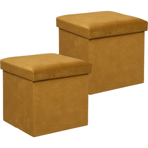 Poef/krukje/hocker Amber - 2x - Opvouwbare zit opslag box - fluweel Okergeel - D38 x H38 cm -