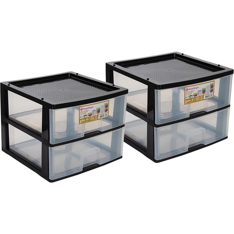 Ladeblokje/bureau organizer 2x grote lades - zwart/transparant - L38 x B38 x H30 cm - kunststof -