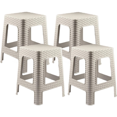 Plasticforte zit/bijzet krukje - 4x - Rotan line - beige - kunststof - 28 x 28 x 45 cm -