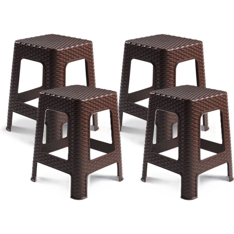 Plasticforte zit/bijzet krukje - 4x - Rotan line - donkerbruin - kunststof - 28 x 28 x 45 cm -