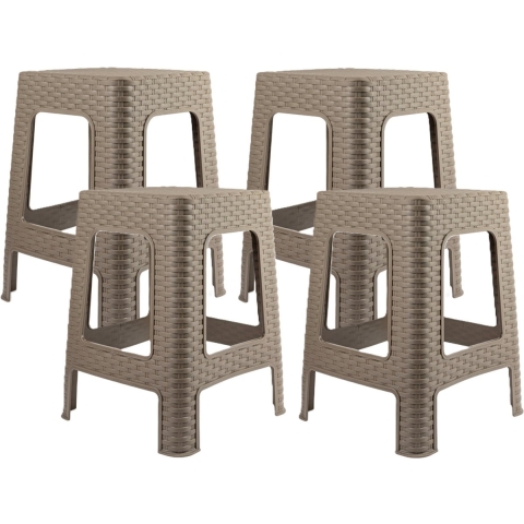 Plasticforte zit/bijzet krukje - 4x - Rotan line - taupe - kunststof - 36 x 36 x 45 cm -