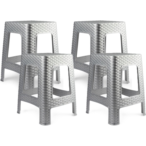 Plasticforte zit/bijzet krukje - 4x - Rotan line - zilvergrijs - kunststof - 36 x 36 x 45 cm -