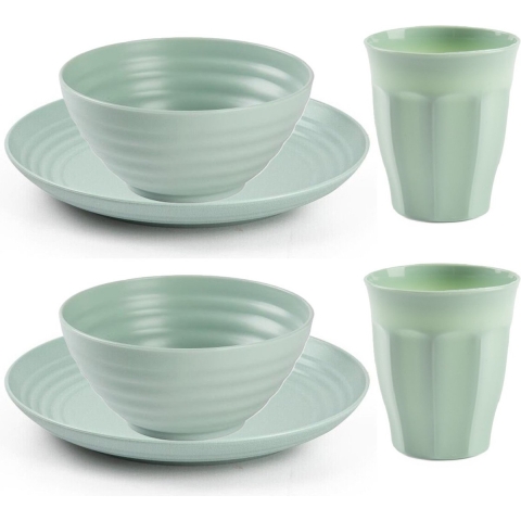 Camping Servies set - kunststof - mintgroen - 8x borden/8x drinkbekers/8x kommetjes -