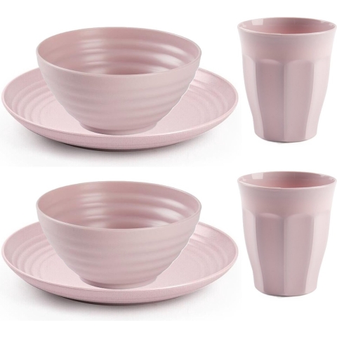 Camping Servies set - kunststof - roze - 8x borden/8x drinkbekers/8x kommetjes -