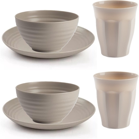 Camping Servies set 30 delig - kunststof - beige - 10x borden/10x drinkbekers/10x kommetjes -