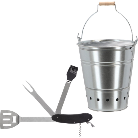 Barbecue set - houtskool BBQ emmer en een 5-in-1 Zwitsers BBQ zakmes - handig mee te nemen -