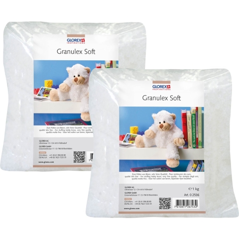 Glorex Hobby vulmateriaal - 2x - polyester - 1000 gram voor knuffels/kussens - wit - donzige vlokken -