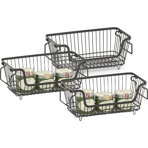 Zeller opberg draadmand - 3x - zwart - 32 x 16 x 14 cm - stapelbaar - metaal - kastmand -