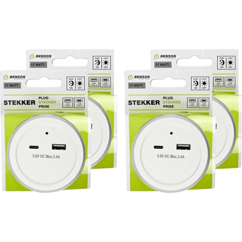 LED nachtlampje - 4x - draadloos - met USB A en C - warm wit -
