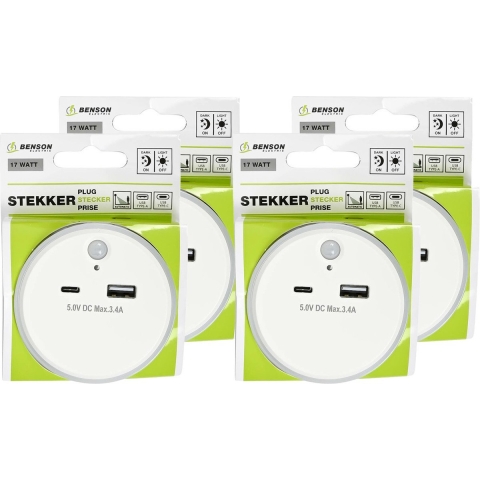 LED nachtlampje - 4x - draadloos - met USB A en C - warm wit - dag/nacht + PIR sensor -