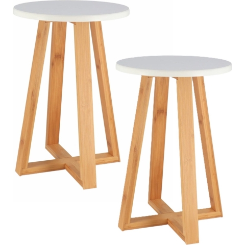 Bijzet krukje model Oslo - 2x - wit - bamboe hout - D30 x H43 cm - bijzettafeltje -
