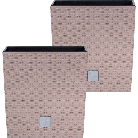 Bloempot/plantenpot Rato - 2x - rotan look - met binnenpot - taupe - 40 x 40 x 41 cm - kunststof -
