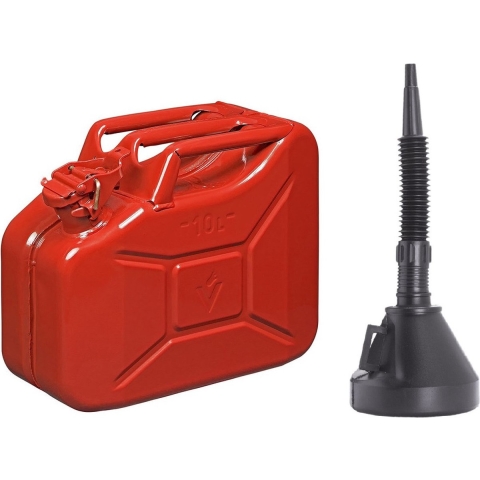 Metalen Jerrycan rood voor brandstof van 10 liter met een handige grote schenk trechter -