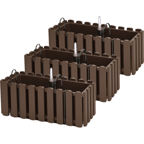3x stuks fence-look ophang plantenbakken/bloembakken kunststof 38 x 18 x 16 cm houtbruin -