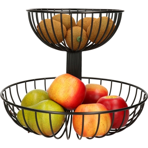 2-laags fruitschaal/fruitmand rond zwart metaal 32 cm -