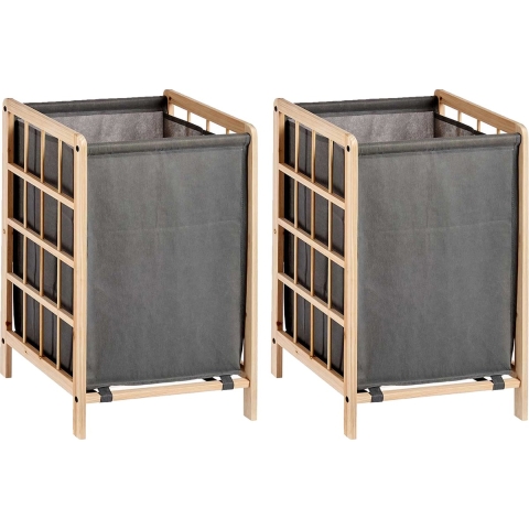 Wasmand Woodbox - 2x - met opvang waszak - 50 liter compartiment - 40 x 33 x 60 cm -