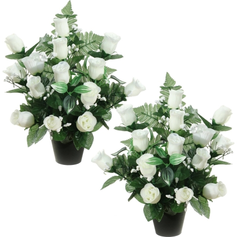 Kunstbloemen plantje rozen/gipskruid in pot - 2x - wit - H35 cm - Bloemstuk - Bladgroen -