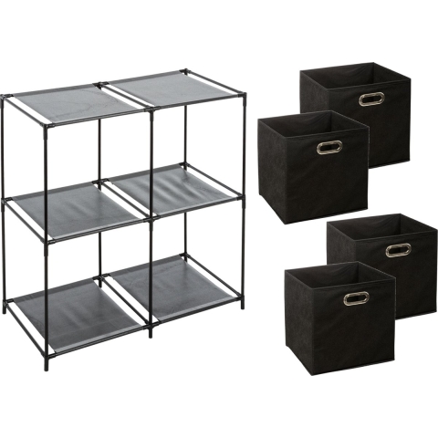 Kastmandjes/opberg mandjes - zwart - 4x stuks van 29 Liter - In rekje van 67 x 68 cm -