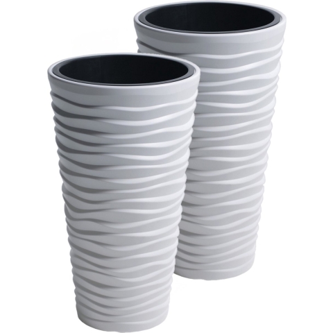 Bloempot/plantenpot Sand - 2x - kunststof - met binnenpot - wit - D35 x H62 cm - voor binnen/buiten -