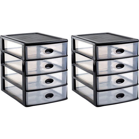 Bureau organizer - 3x stuks - 4 lades - zwart/transparant - L35,5 x B27 x H35 cm - Ladeblok -