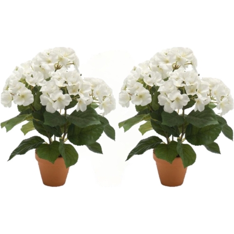 2x stuks kunstplant Hortensia wit in ronde terracotta pot 40 cm -