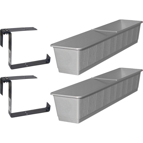 Set van 2 kunststof plantenbakken grijs rechthoekig 80 cm met 4 verstelbare railing beugels -
