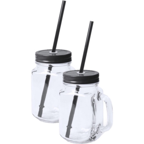 12x stuks glazen Mason Jar drinkbekers zwarte dop/rietje 500 ml -