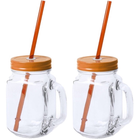 12x stuks glazen Mason Jar drinkbekers oranje dop/rietje 500 ml -