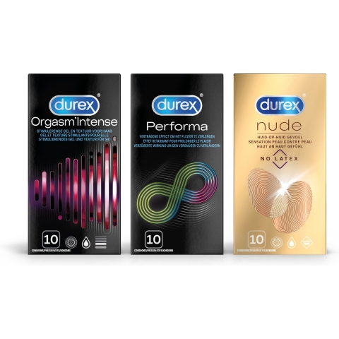 Durex Orgasm Intense Condooms 10 stuks, Performa Condooms 10 stuks&Nude No Latex Condooms 1 stuks Pakket