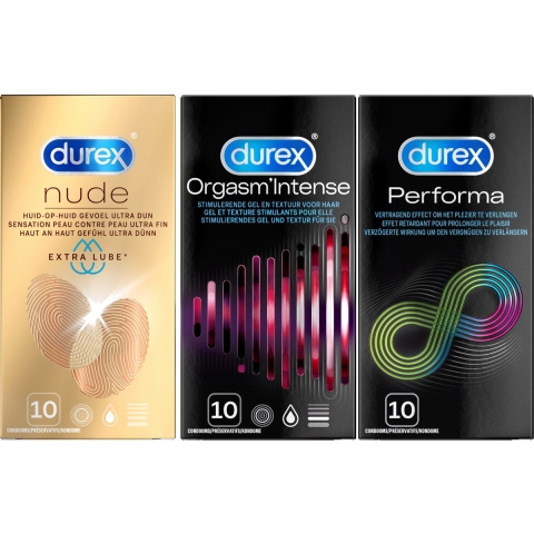 Durex - Perfoma Condooms 10 stuks, Nude Extra Lube Condooms 10 stuks&Orgasm Intense Condooms 10 stuks Pakket
