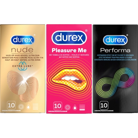 Durex - Nude Extra Lube Condooms 10 stuks, Pleasure Me Condooms 10 stuks&Performa Condooms 10 stuks - Pakket