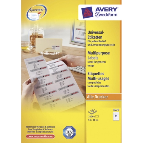 Avery-Zweckform 3670 Universele etiketten 64 x 36 mm Papier Wit 2100 stuk(s) Permanent hechtend Laser (zwart/wit), Laser (kleur)