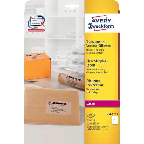 Avery-Zweckform Transparante verzendetiketten L7567-25 (N/A ),Transparant, Rechthoek, 25 stuk(s), Permanent hechtend