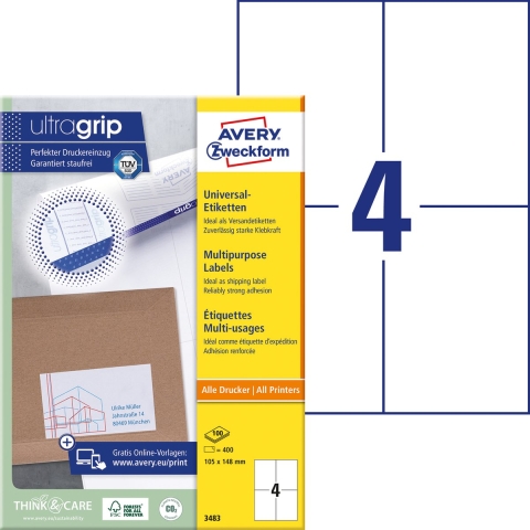 Avery-Zweckform Universele etiketten 3483 (N/A),Wit, Rechthoek, 400 stuk(s), Permanent hechtend