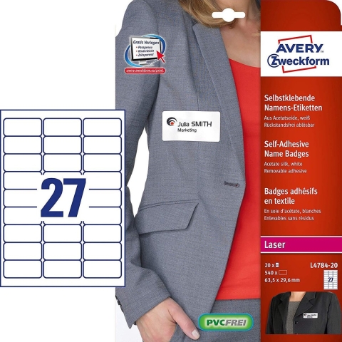 Avery-Zweckform L4784-20 Naametiketten 63.5 x 29.6 mm Acetaatzijde Wit 540 stuk(s) Weer verwijderbaar Laser (kleur), Laser (zwart/wit), Handschriften