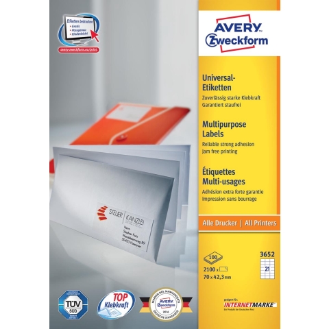 Avery-Zweckform 3652 Universele etiketten 70 x 42.3 mm Papier Wit 2100 stuk(s) Permanent hechtend Inkjet, Laser (zwart/wit), Laser (kleur), Kopiëren