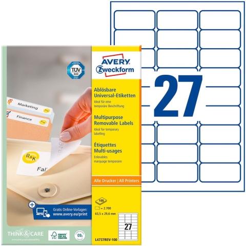 Avery-Zweckform L4737REV-100 Universele etiketten 63.5 x 29.6 mm Papier Wit 2700 stuk(s) Weer verwijderbaar Inkjet, Laser (zwart/wit), Laser (kleur), Kopiëren
