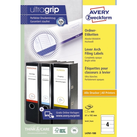 Avery-Zweckform Ordneretiketten L4761-100 61 x 192 mm Papier Wit Permanent hechtend 400 stuk(s)