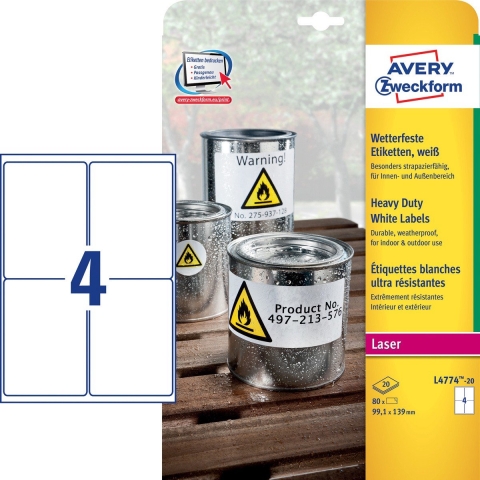 Avery-Zweckform L4774-20 Folie-etiketten 99.1 x 139 mm Polyester folie Wit 80 stuk(s) Permanent hechtend Laser (kleur), Laser (zwart/wit), Kopiëren (kleur),