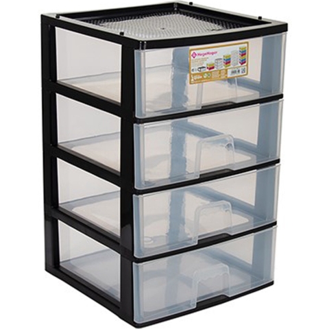 Ladeblokje/bureau organizer 4x grote lades - zwart/transparant - L38 x B38 x H58 cm - kunststof -