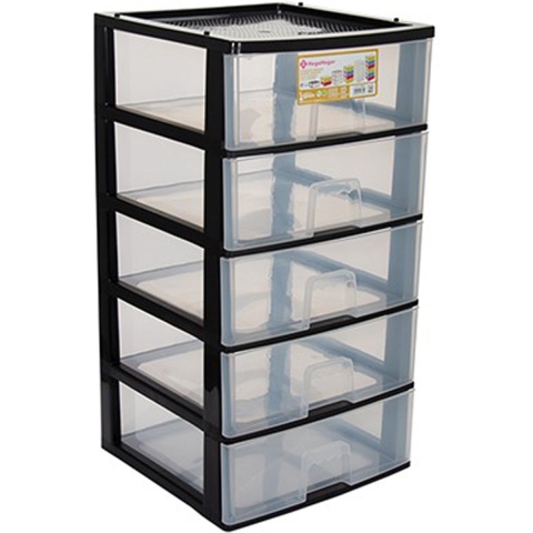 Ladeblokje/bureau organizer 5x grote lades - zwart/transparant - L38 x B38 x H72 cm - kunststof -