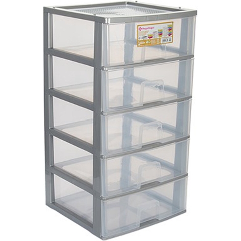Ladeblokje/bureau organizer 5x grote lades - grijs/transparant - L38 x B38 x H72 cm - kunststof -