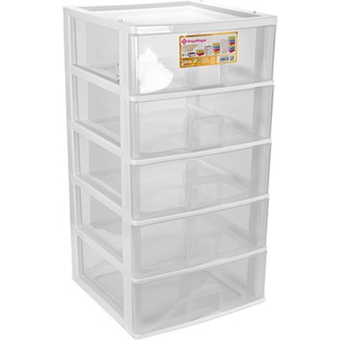 Ladeblokje/bureau organizer 5x grote lades - wit/transparant - L38 x B38 x H72 cm - kunststof -