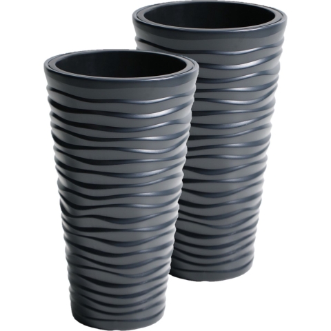 Bloempot/plantenpot Sand - 2x - kunststof - met binnenpot - antraciet - D35 x H62 cm - voor binnen/b -