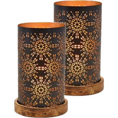 Set van 2x stuks metalen design windlicht/kaarsenhouder zwart/goud 13 x 22 cm -