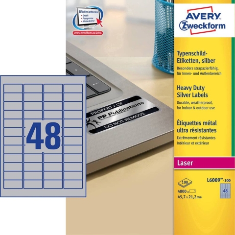 Avery-Zweckform L6009-100 Etiketten voor typeplaatjes 45.7 x 21.2 mm Polyester folie Zilver 4800 stuk(s) Permanent hechtend Laser (zwart/wit), Kopiëren