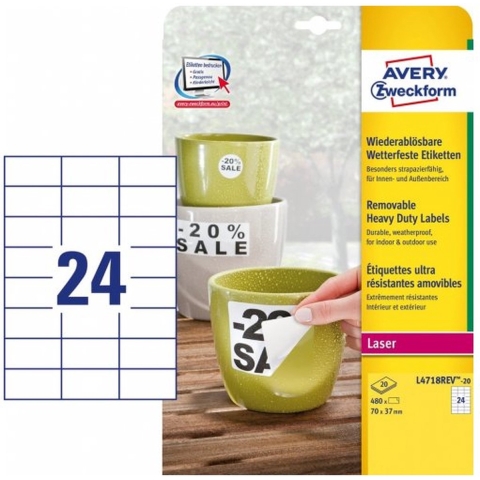 Avery-Zweckform L4718REV-20 Folie-etiketten 70 x 37 mm Polyester folie Wit 480 stuk(s) Weer verwijderbaar Laser (kleur), Laser (zwart/wit), Kopiëren (kleur),