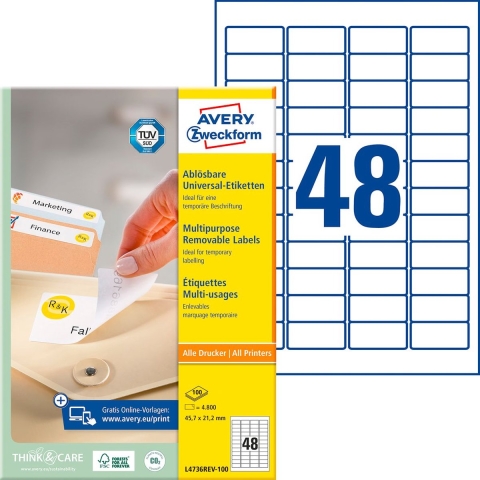 Avery-Zweckform L4736REV-100 Universele etiketten 45.7 x 21.2 mm Papier Wit 4800 stuk(s) Weer verwijderbaar Inkjet, Laser (zwart/wit), Laser (kleur), Kopiëren