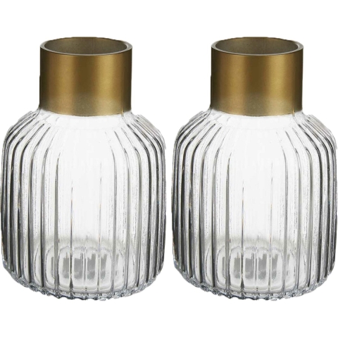 Bloemenvazen 2x stuks - luxe decoratie glas - transparant/goud - 14 x 22 cm -