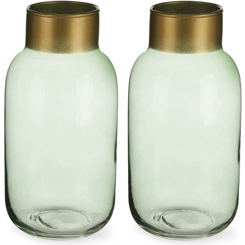 Bloemenvazen 2x stuks - luxe decoratie glas - groen/goud - 14 x 30 cm -
